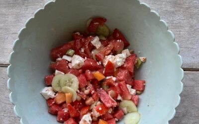 Salade pastèque melon feta pois chiches et concombre
